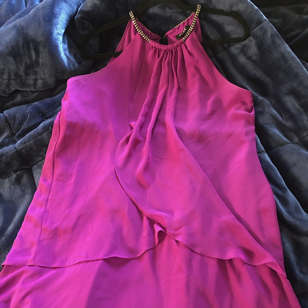 SLNY below knee flounced dress. Jeweled neckline.